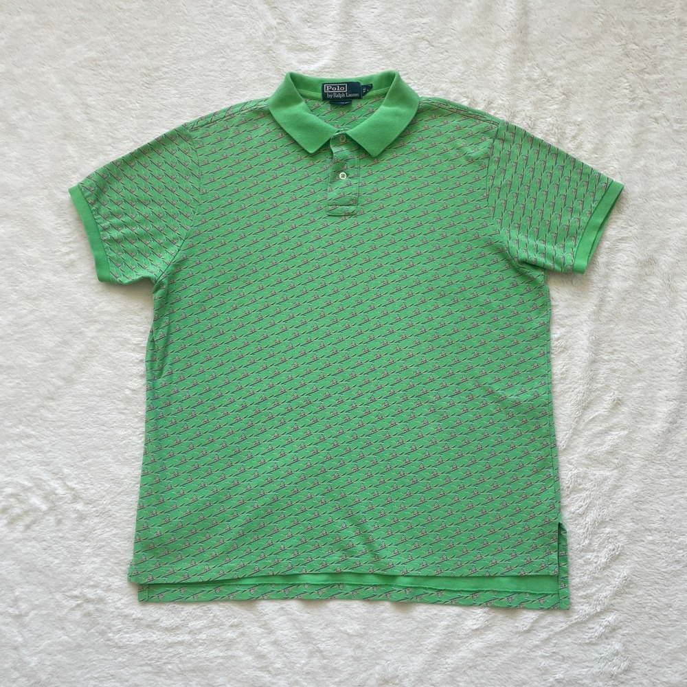 Vintage Polo Ralph Lauren Green Rowing Crew‎ Custom Fit All Over Print Size XL